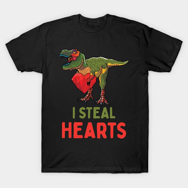 Valentines Day Kids Dinosaur T rex Lover I Steal Hearts T-Shirt by paola.illustrations